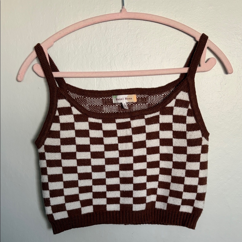 Checker Knit Crop Camisole in Brown & White